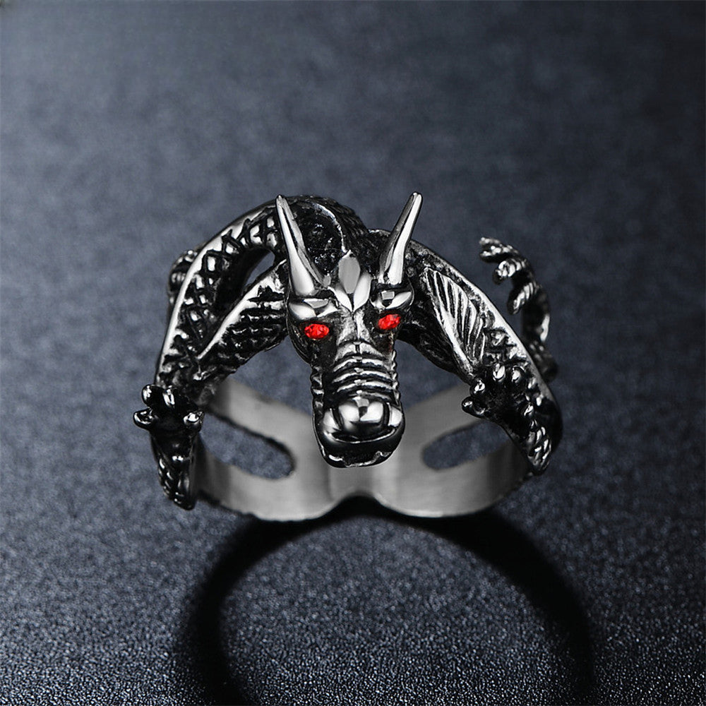Red Eye Zircon Coiled Dragon Titanium Steel Ring for Men