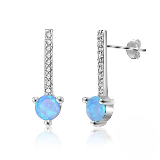 Planderful Jewelry Sterling Silver Opal Stud Earrings Blue Round Opal with Long Zircon Accent