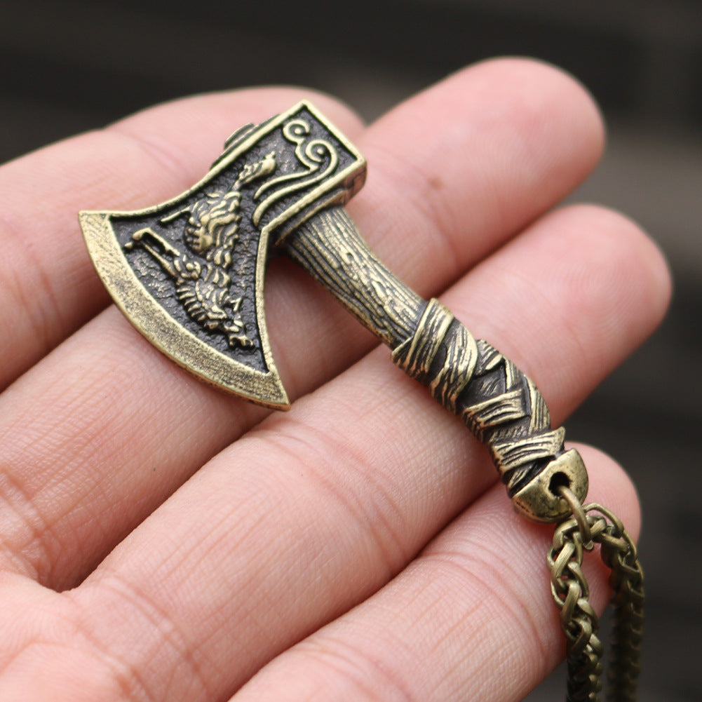 Viking Pirate Celtic Wolf Crow Double-Sided Axe Pendant Men's Necklace - Norse Legacy Collection