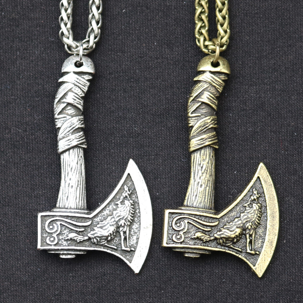 Viking Pirate Celtic Wolf Crow Double-Sided Axe Pendant Men's Necklace - Norse Legacy Collection