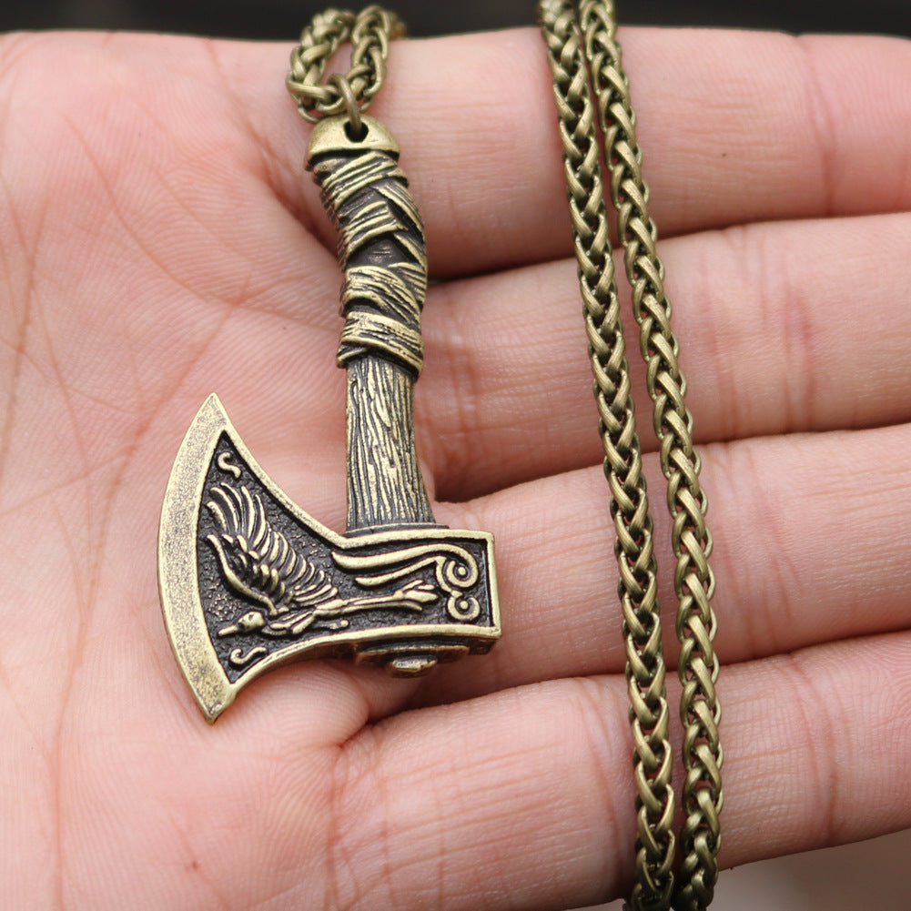 Viking Pirate Celtic Wolf Crow Double-Sided Axe Pendant Men's Necklace - Norse Legacy Collection