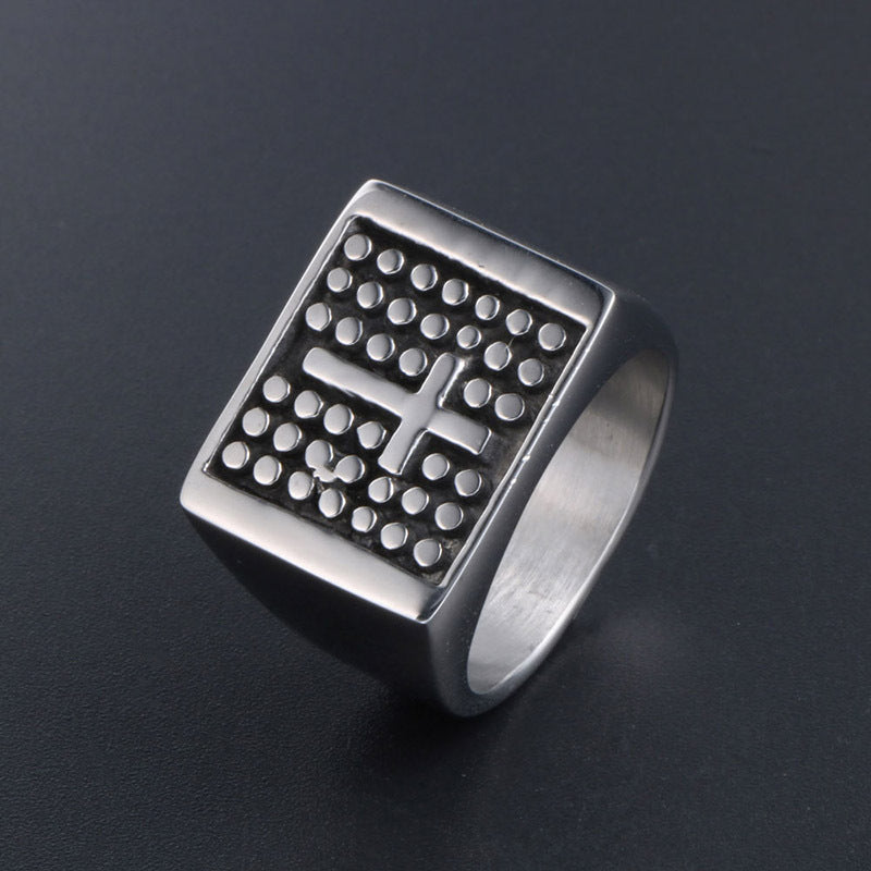 Vintage Polka Dot Cross Design Wide Titanium Ring for Men - European and Korean Inspired Dominant Jewelry