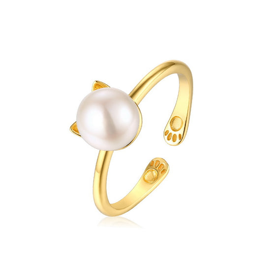 Natural Freshwater Pearl Small Meow Cat Palm Opening Sterling Silver Ring