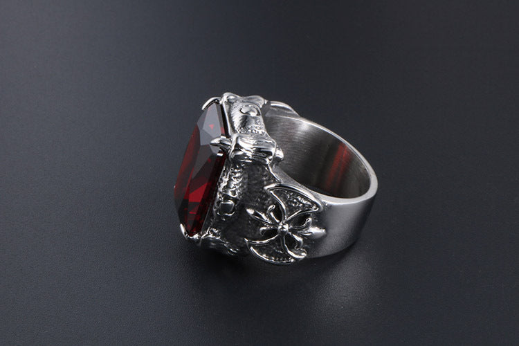 European And American Mens Titanium Steel Ring Red Zircon