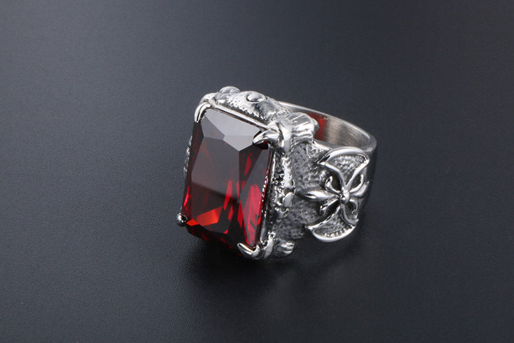 European And American Mens Titanium Steel Ring Red Zircon