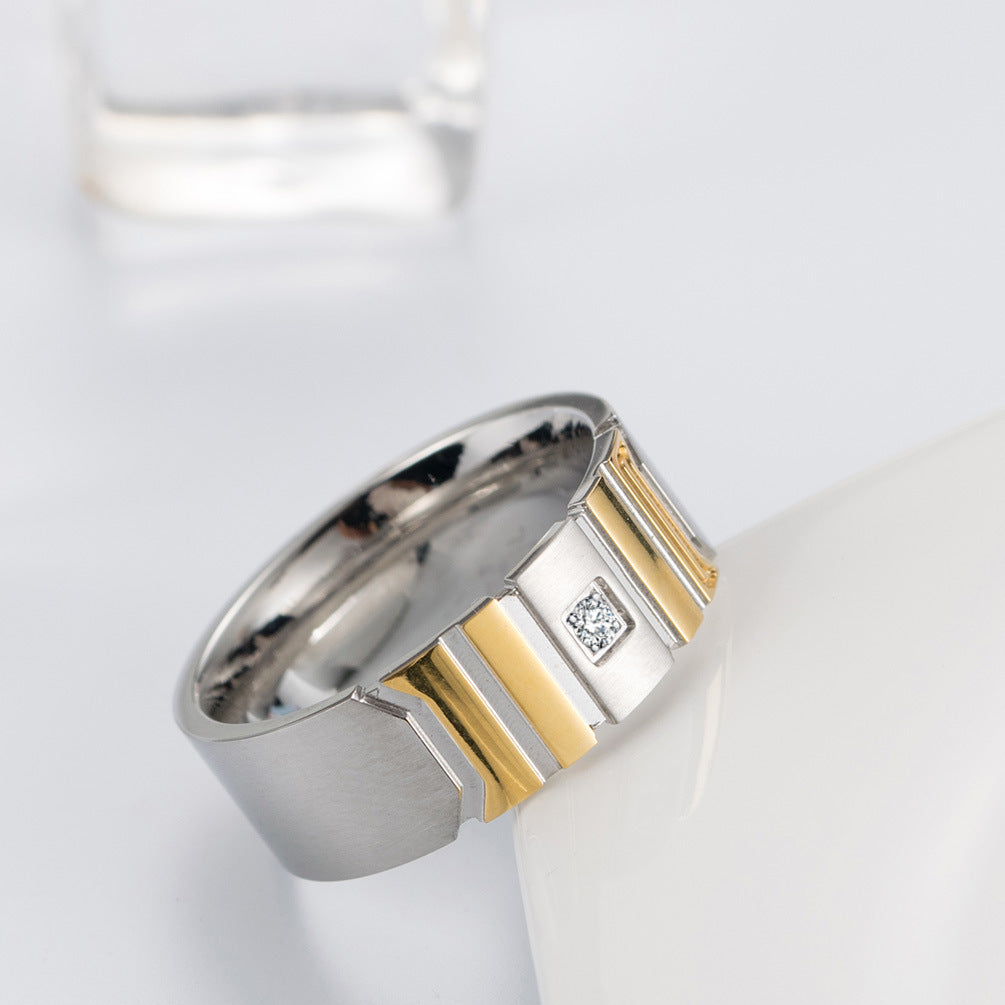 Stainless Steel Gold-Plated Zircon Ring – Engraved Pattern Gold Men's