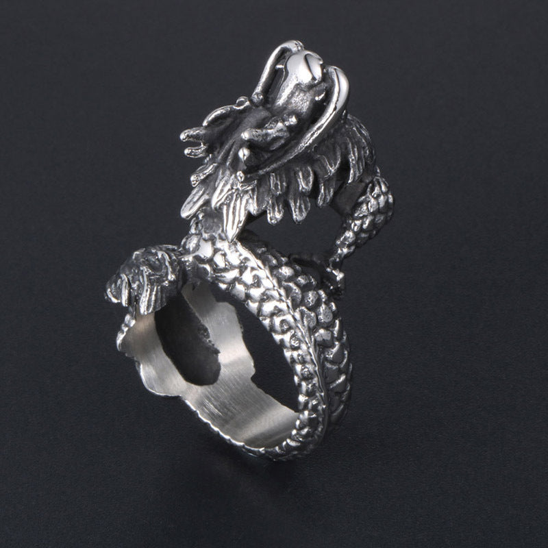 Men's Urban Retro Thai Silver-Style Ring - Hipster Chinese Dragon Design in Titanium Steel