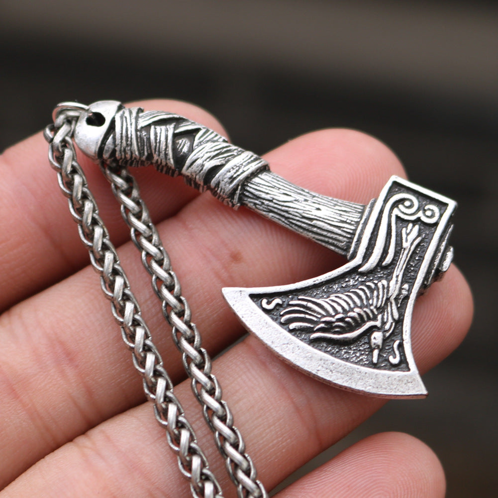 Viking Pirate Celtic Wolf Crow Double-Sided Axe Pendant Men's Necklace - Norse Legacy Collection