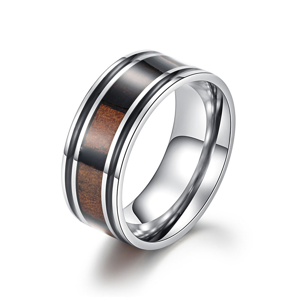 Stainless Steel Epoxy Abalone Fillet Colored Shell Men's Ring – Wood Grain Veneer