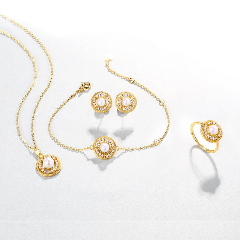 Zircon Disc Round Natural Freshwater Pearl Golden Sterling Silver Bracelet