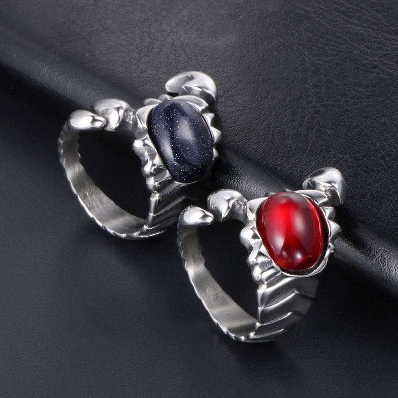 Retro Titanium Steel Scorpion Ring with Red and Blue Sandstone - Men's Hip-Hop Rock Accessory