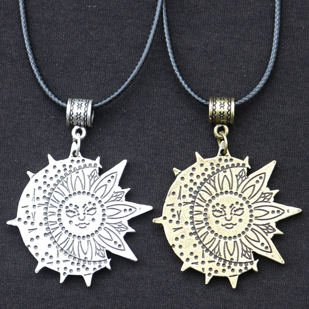 Sun Smiling Face and Celestial Necklace Mandala Flower Pendant Viking Jewelry for Men and Women