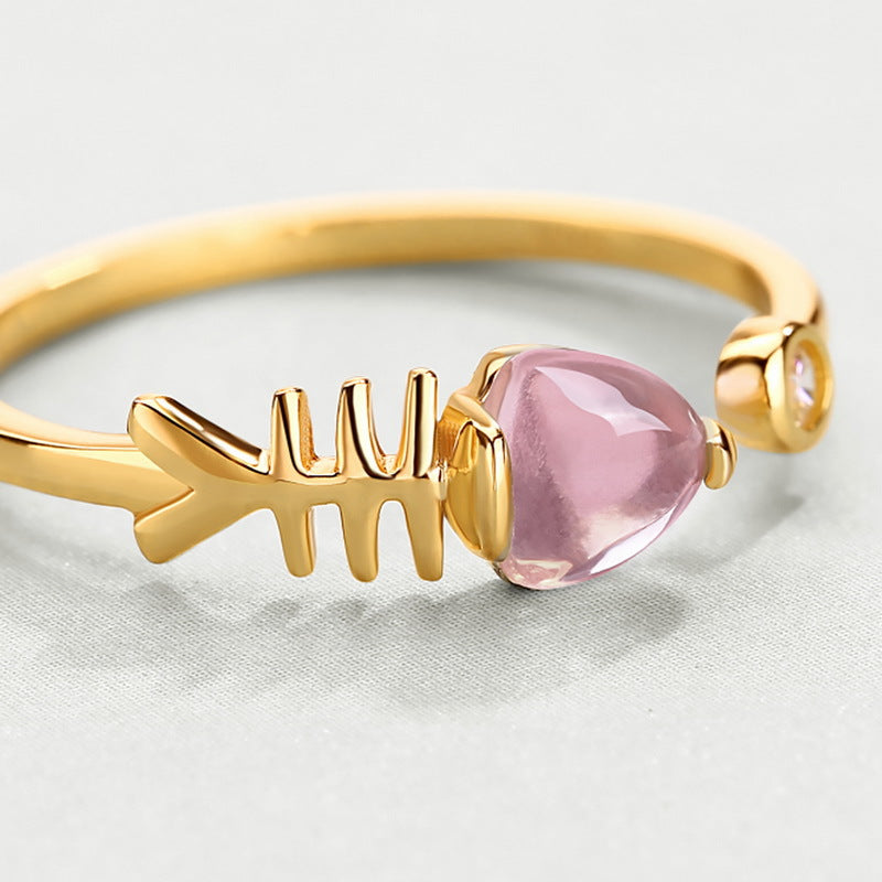 Pink Crystal Cute Fishbone Opening Silver Ring