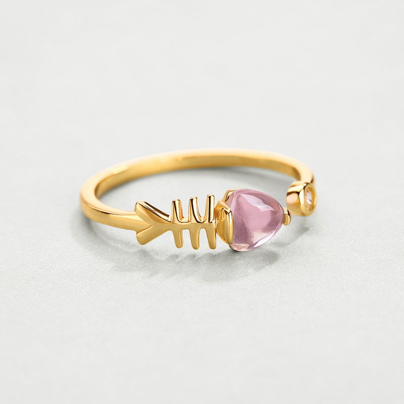 Pink Crystal Cute Fishbone Opening Silver Ring