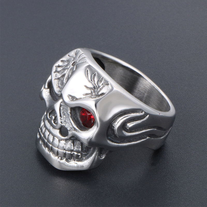 Unique Red-Eyed Skull Titanium Steel Ring with Floral Stainless Steel Accents for Trendy Nightclub Men