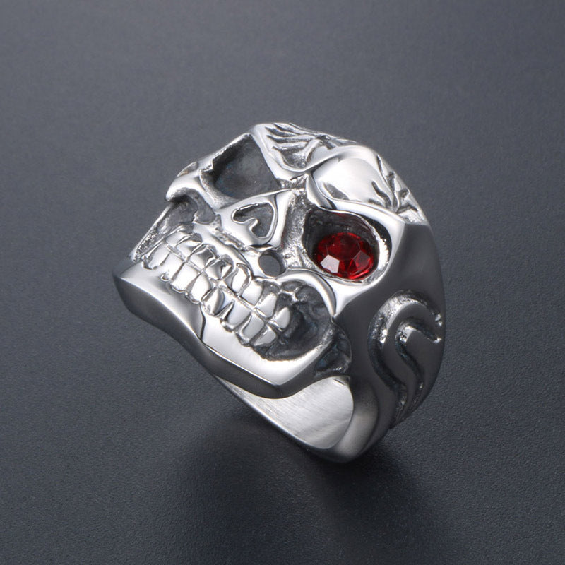 Unique Red-Eyed Skull Titanium Steel Ring with Floral Stainless Steel Accents for Trendy Nightclub Men