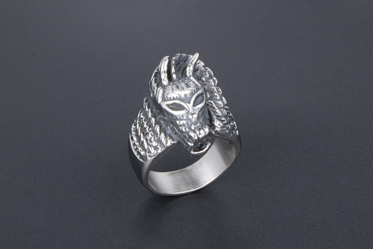 Chinese Style Retro Dragon Head Ring Titanium Steel Unisex