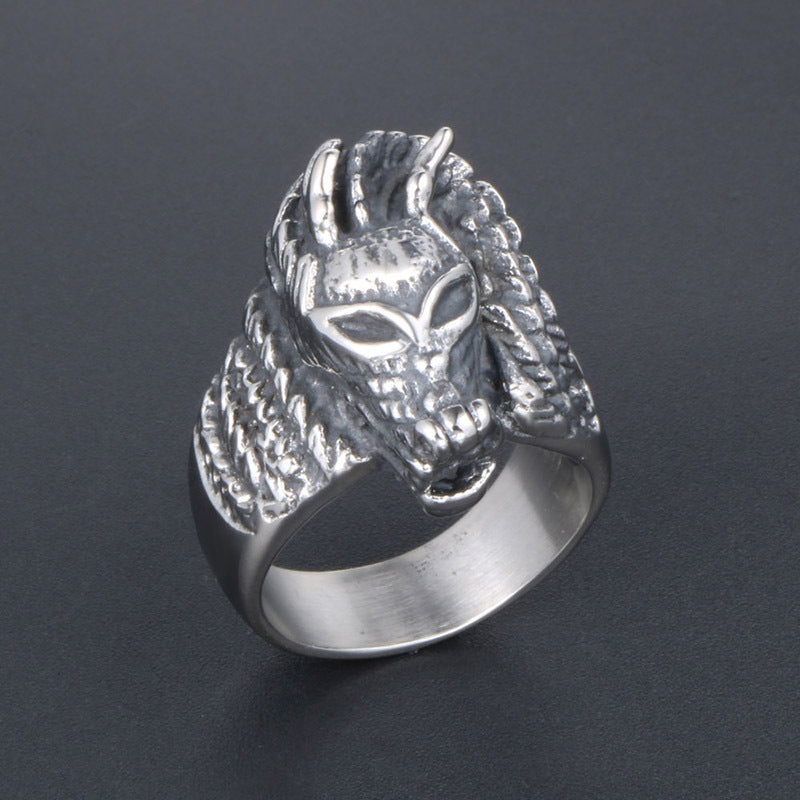 Retro Chinese Dragon Head Titanium Steel Ring for Men and Women - Stylish Domineering Design