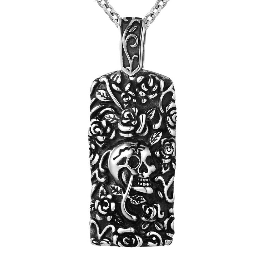 Halloween Skull Roses Rectangle Titanium Steel Necklace for Men