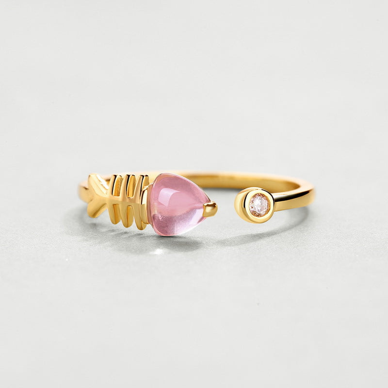 Pink Crystal Cute Fishbone Opening Silver Ring