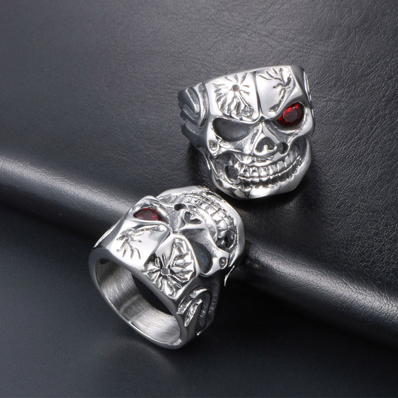 Unique Red-Eyed Skull Titanium Steel Ring with Floral Stainless Steel Accents for Trendy Nightclub Men