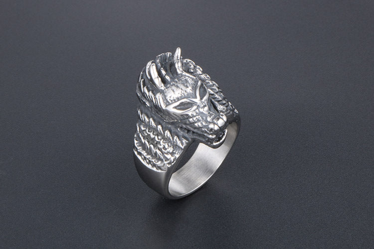 Chinese Style Retro Dragon Head Ring Titanium Steel Unisex