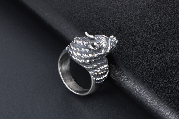 Chinese Style Retro Dragon Head Ring Titanium Steel Unisex