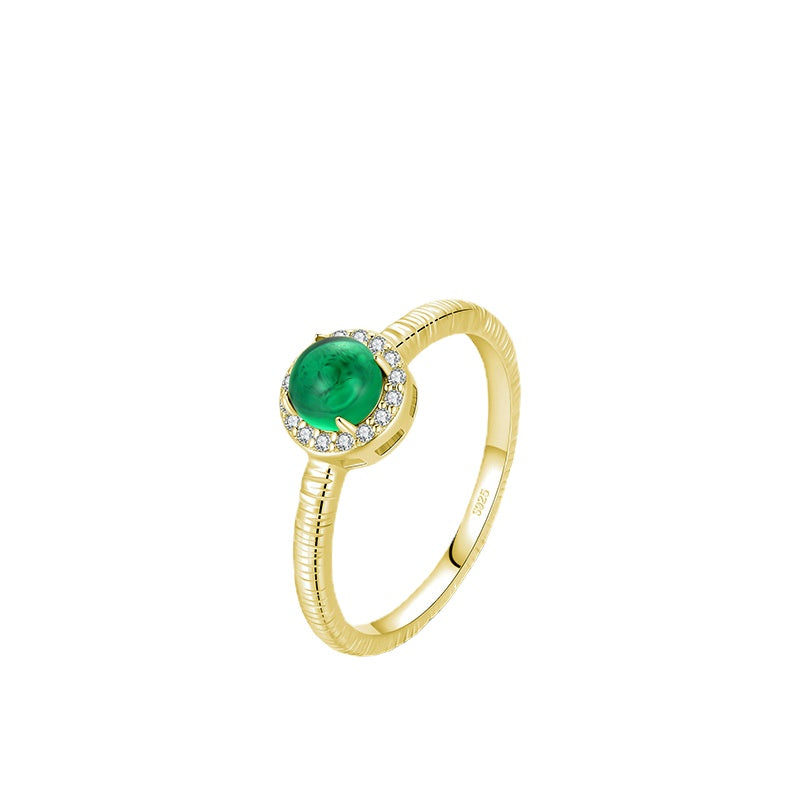 Green Agate Sterling Silver Gold Plated Ring - European/American Luxury Jewelry
