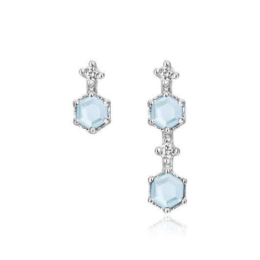 Hexagonal Natural Sky Blue Topaz Zircon Asymmetric Sterling Silver Earrings