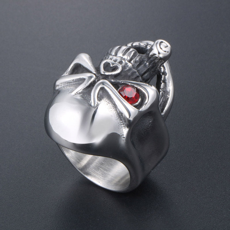 Punk Skull Ring for Men with Red Zircon Accent - Customized Stainless Steel Jewelry