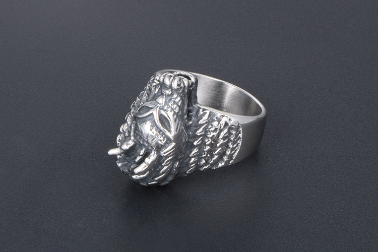 Chinese Style Retro Dragon Head Ring Titanium Steel Unisex