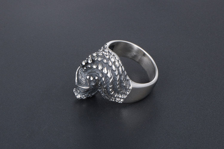Chinese Style Retro Dragon Head Ring Titanium Steel Unisex
