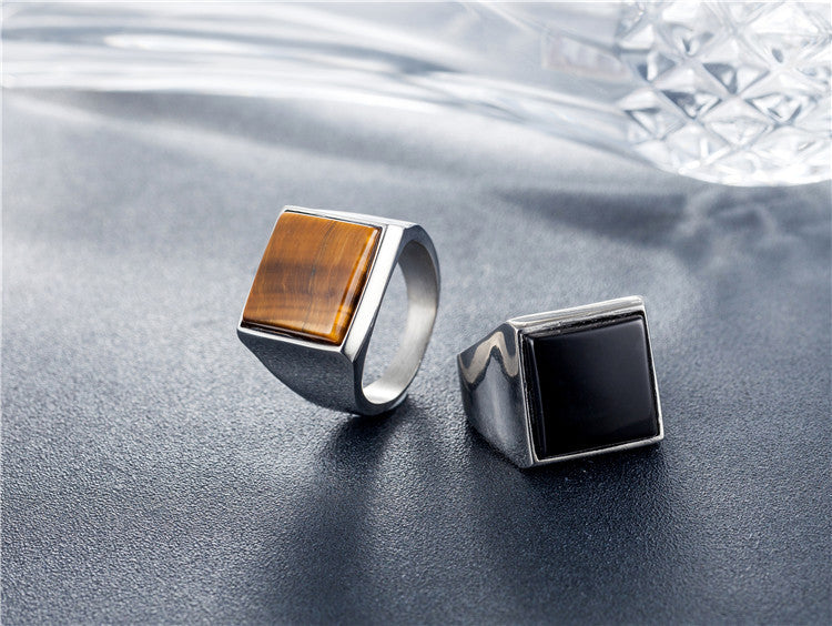 Planderful Mens Titanium Steel Square Stone Ring Unisex Stylish Everyday Genie Protection Statement
