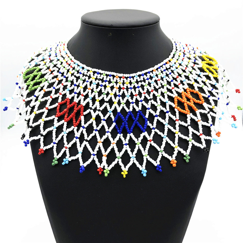 Handmade African-Inspired Rice Bead Necklace with Shoulder Chain