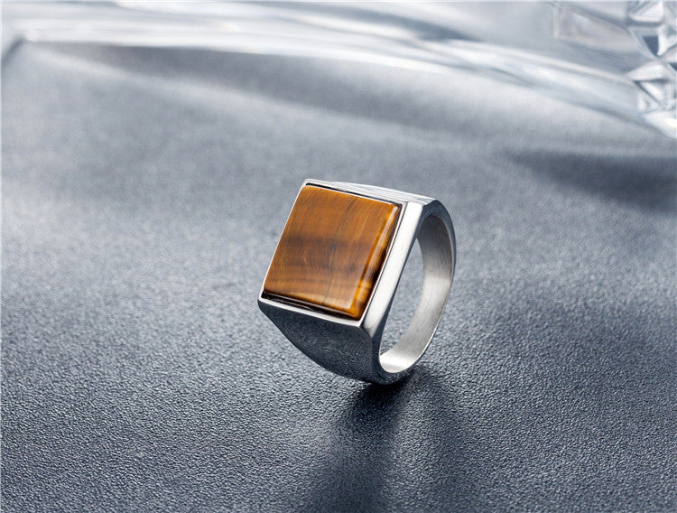 Planderful Mens Titanium Steel Square Stone Ring Unisex Stylish Everyday Genie Protection Statement