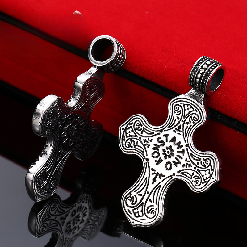 Personalized Titanium Steel Cross Pendant with Engraved Zircon for Men and Women - Wholesale Retro Jewelry