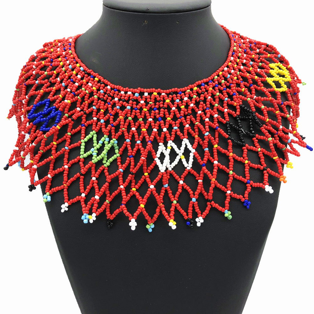 Handmade African-Inspired Rice Bead Necklace with Shoulder Chain