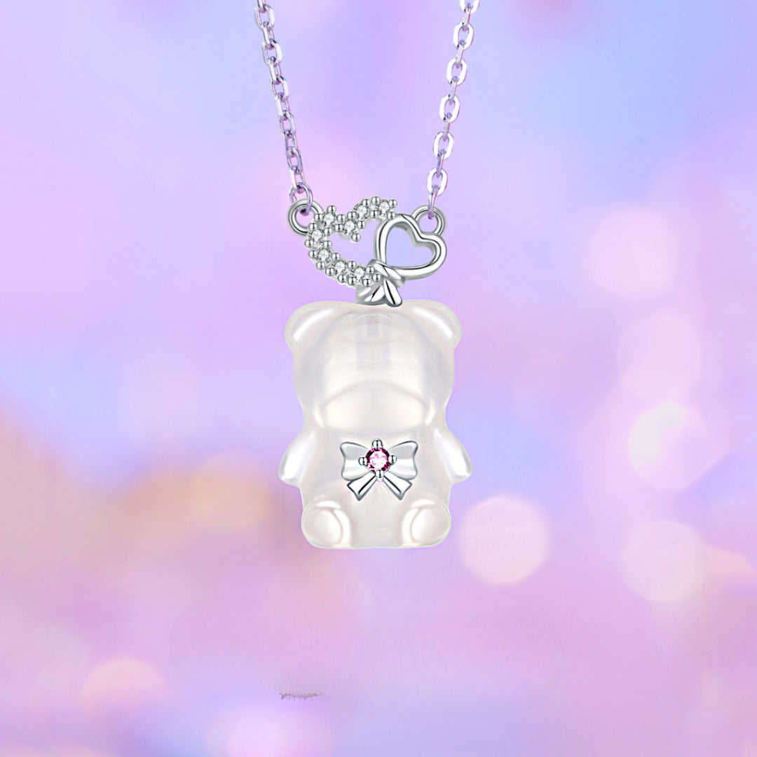 Love Sweetheart Bear S925 Sterling Silver Necklace Chalcedony Premium Clavicle Chain