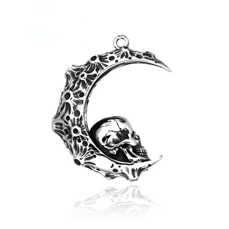 Custom Retro Crescent Moon Skull Pendant in Titanium Steel for Men