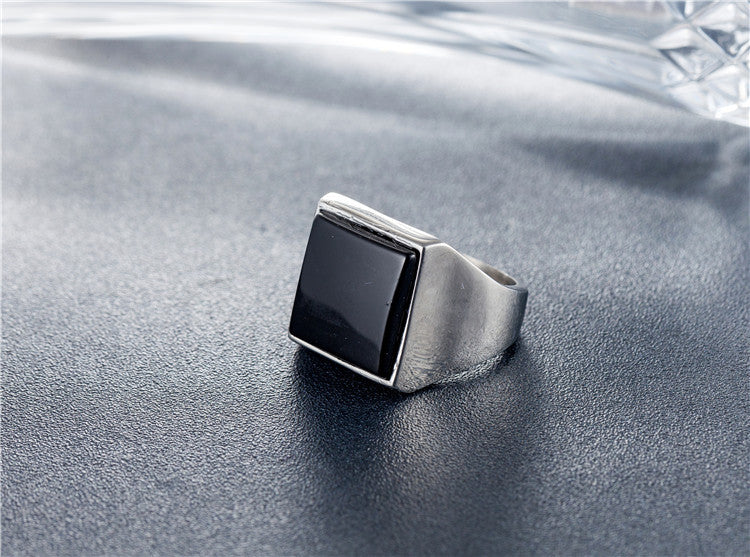 Planderful Mens Titanium Steel Square Stone Ring Unisex Stylish Everyday Genie Protection Statement