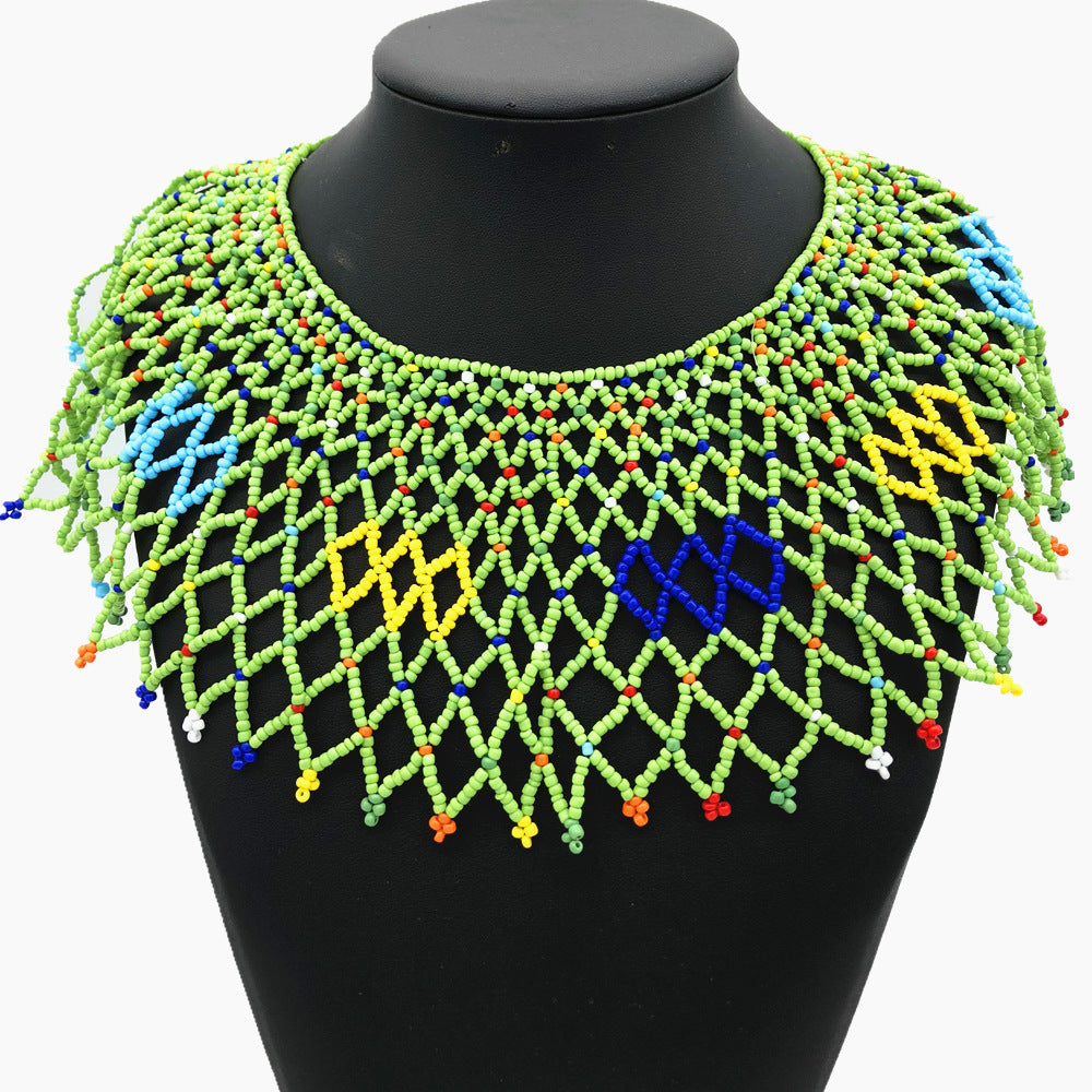 Handmade African-Inspired Rice Bead Necklace with Shoulder Chain