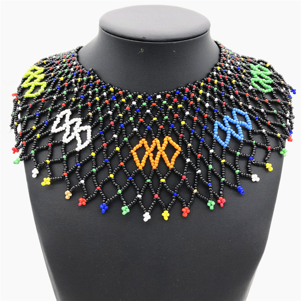 Handmade African-Inspired Rice Bead Necklace with Shoulder Chain