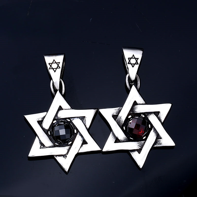 Gothic Hexagram Titanium Steel Pendant with Stone, Retro Personalized Design for Men