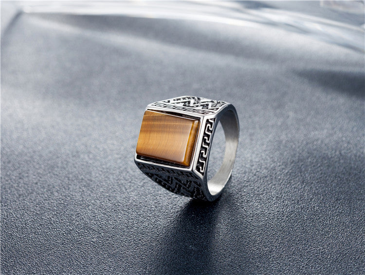 Tigers Eye Ring For Men Unisex Titanium Steel Retro Style Planderful Protective Statement Jewelry