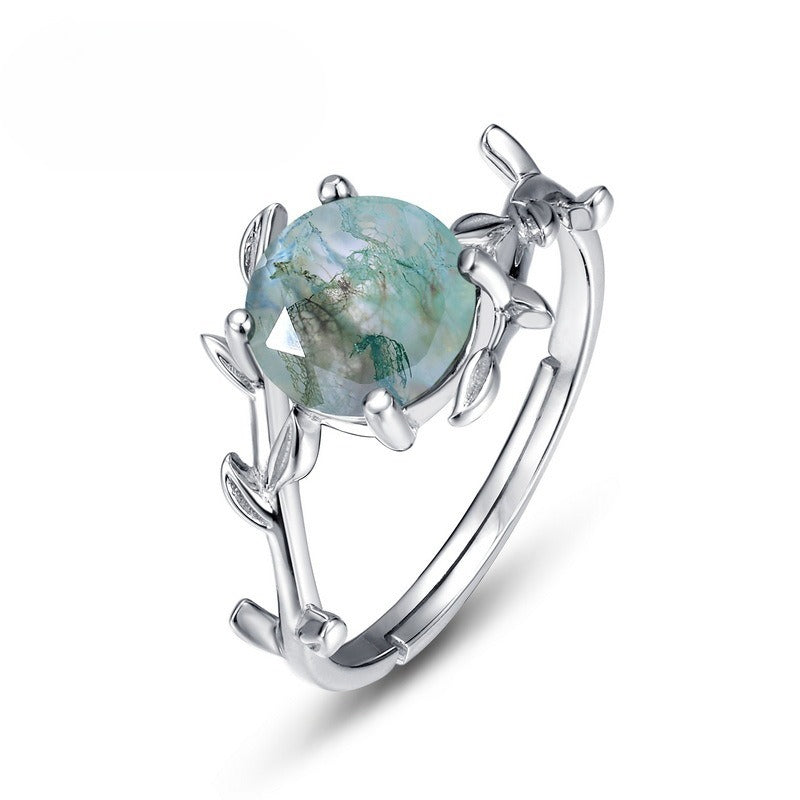 S925 Sterling Silver Moss Agate Vintage-Inspired Ring