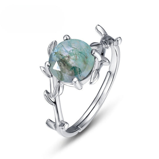 S925 Sterling Silver Moss Agate Vintage-Inspired Ring