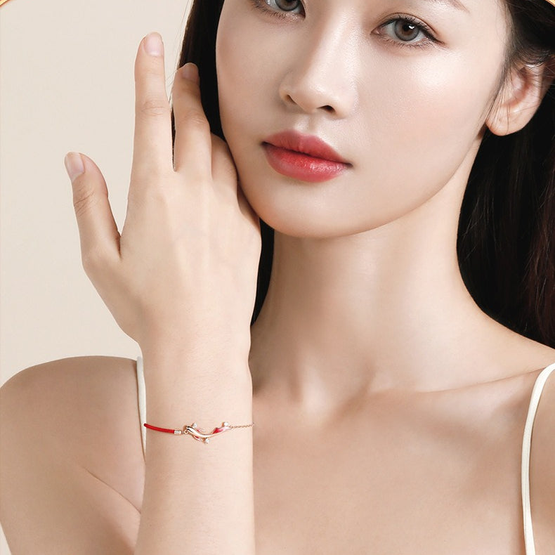 Planderful Sterling Silver Koi Bracelet For Women Handwoven Red Rope Strap Gift For Girlfriend