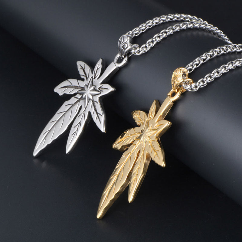 Retro Titanium Steel Maple Leaf Star Flower Pendant Necklace for Trendy Men and Women