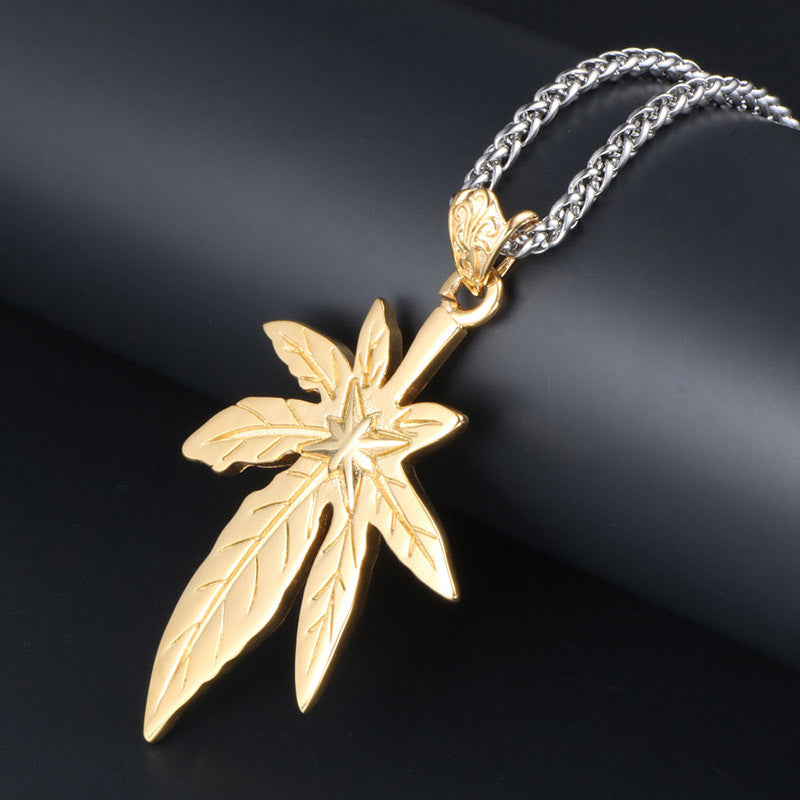 Retro Titanium Steel Maple Leaf Star Flower Pendant Necklace for Trendy Men and Women
