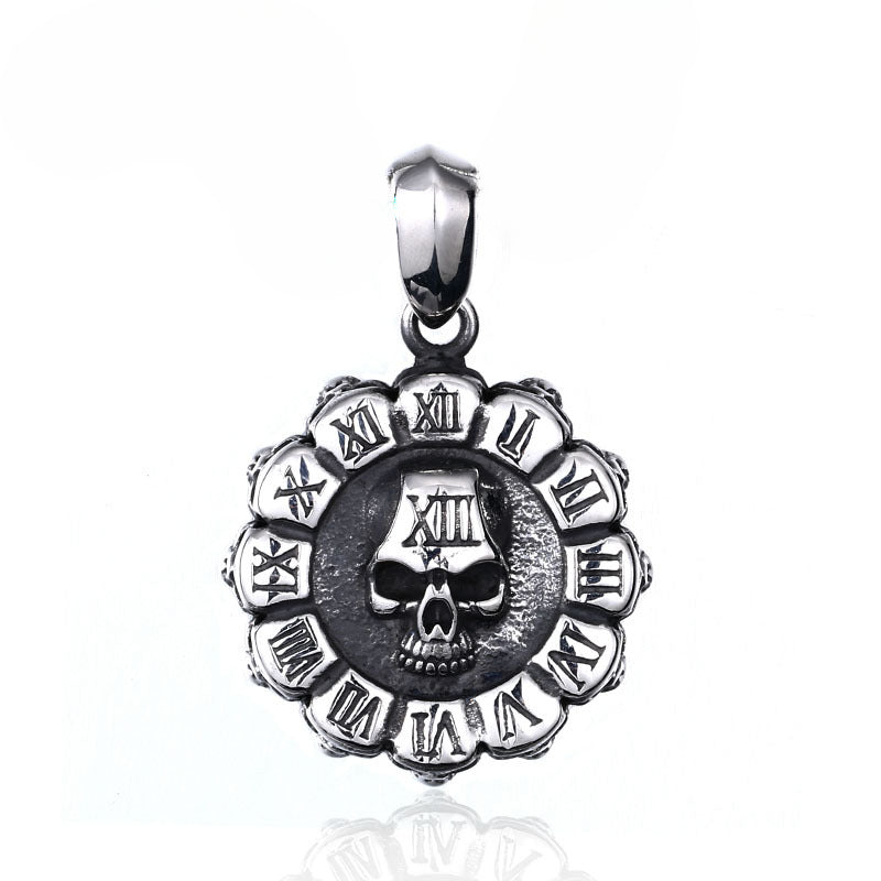 Men's Retro Punk Skull Pendant with Roman Numerals in Titanium Steel - European and American Style Jewelry